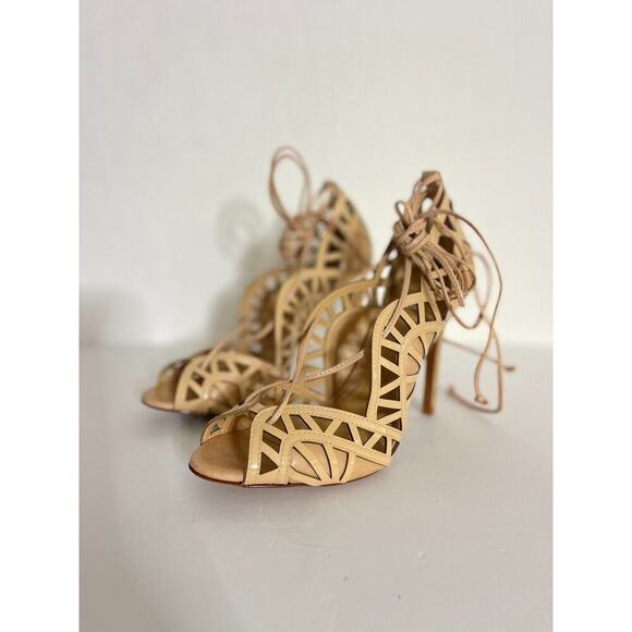 Schutz 9 Dubianna Heels Nude Patent Leather Laser Cut Ankle Strap Stiletto Pump - Picture 3 of 9